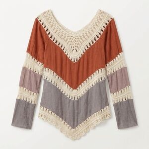 AS-IS Anna-Kaci Boho Crochet Chevron V-Neck Summer Tunic Coverup - Rust Orange